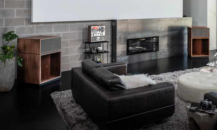 La Scala Hero Image speaker pair in loft listening lounge 2000x1200