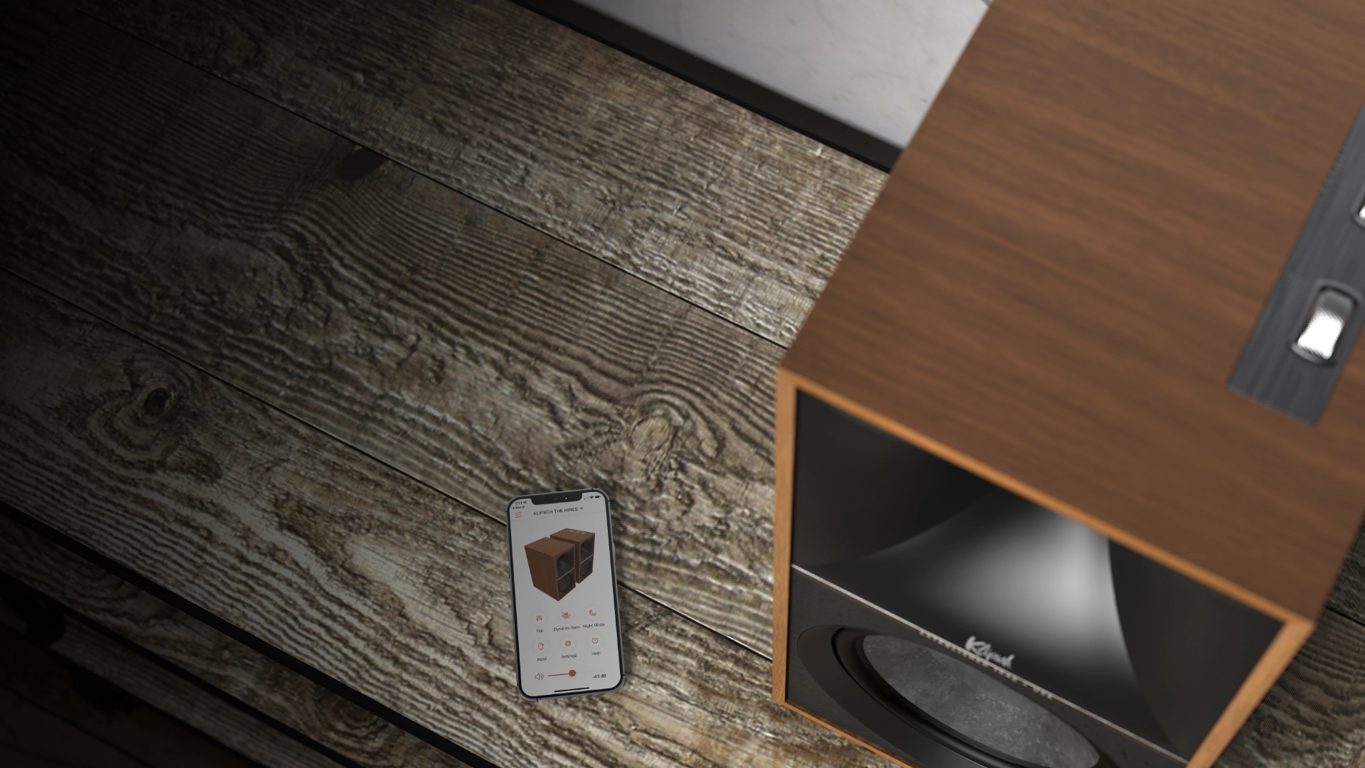 The Nines Walnut Beside Phone Klipsch App Open 1920x1080