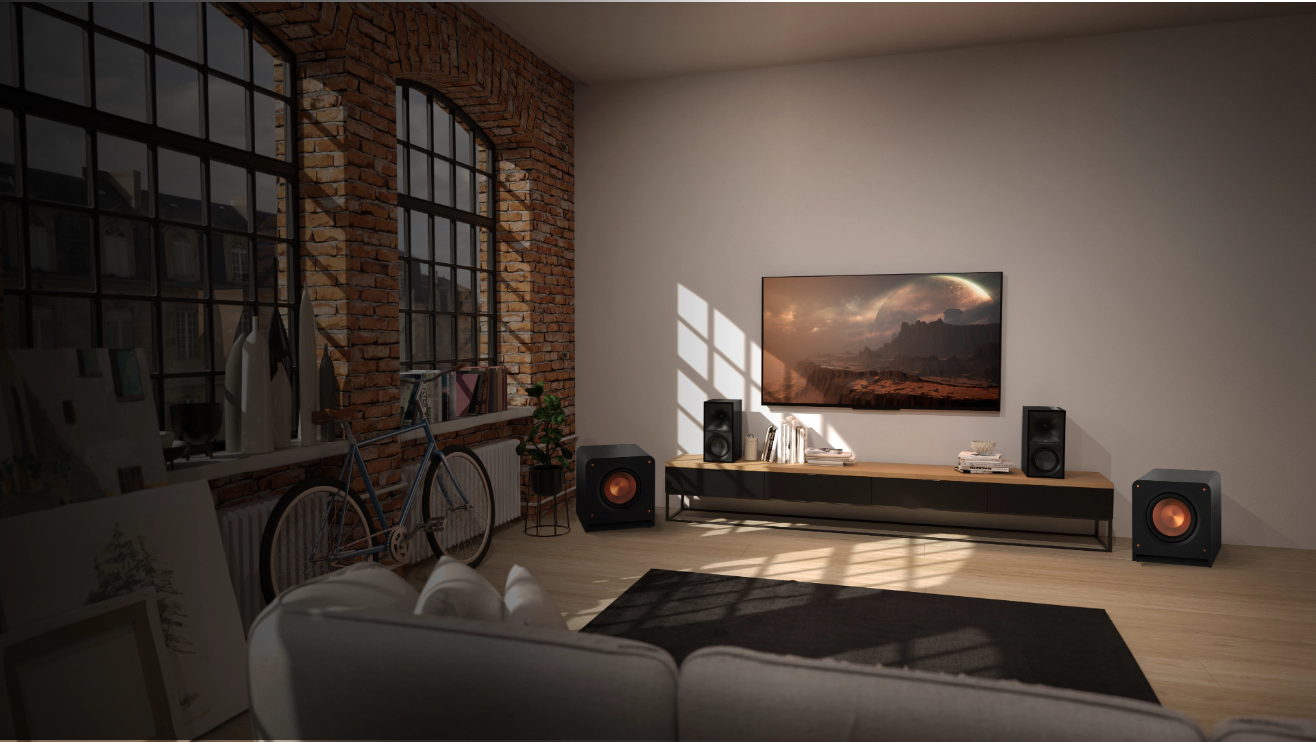 The Sevens and RP 1200 SW in Loft Living Space with Bike